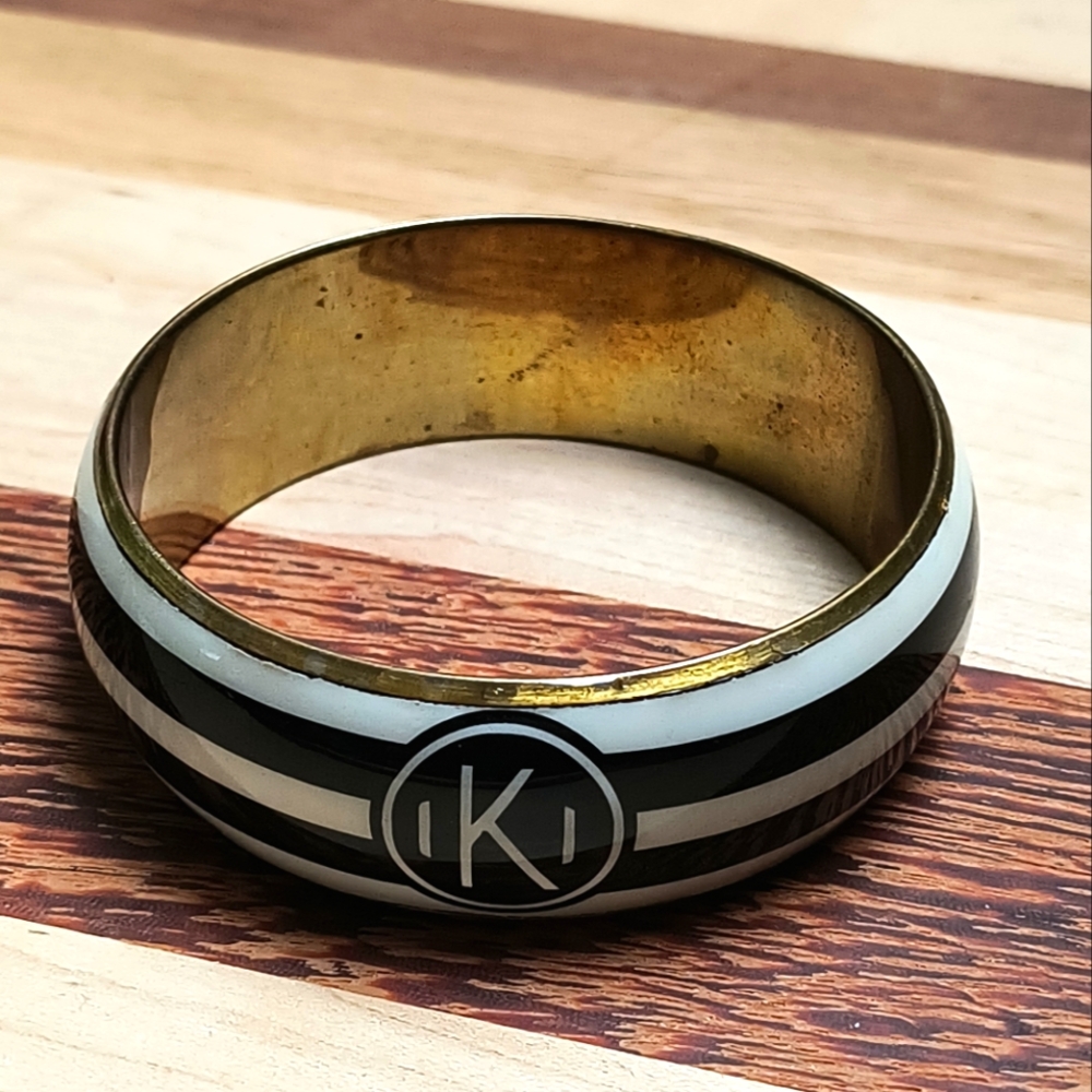 Bangle Bracelet Stripe K Gold Tone Metal Blk/White Vintage